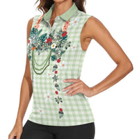 Sage Green Hawaiian Palaka Women Sleeveless Polo Shirt Kukui Nut Money Lei LT9 - Polynesian Pride