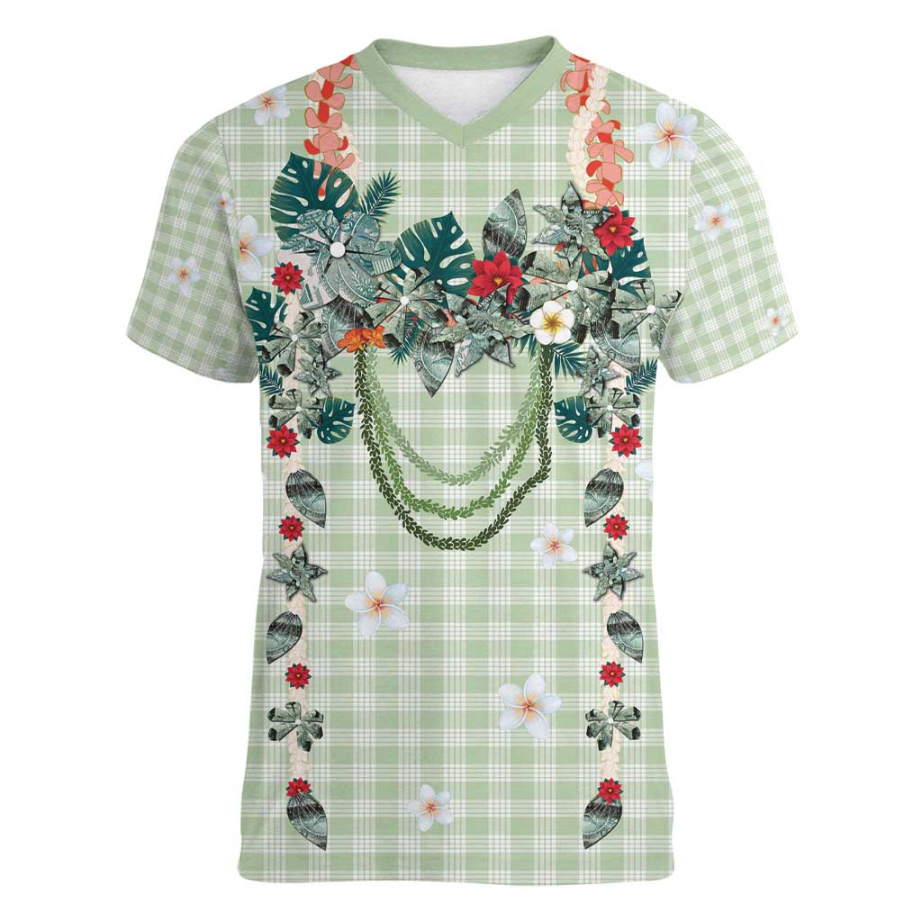 Sage Green Hawaiian Palaka Women V-Neck T-Shirt Kukui Nut Money Lei LT9 Female Green - Polynesian Pride