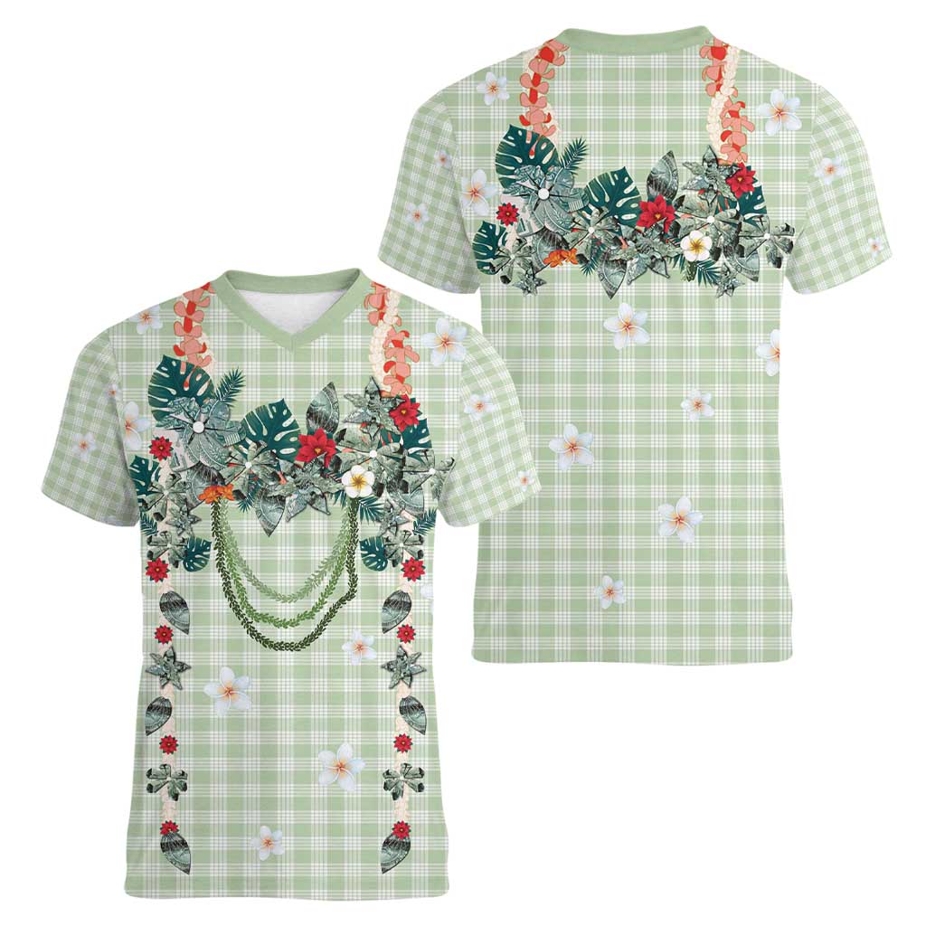 Sage Green Hawaiian Palaka Women V-Neck T-Shirt Kukui Nut Money Lei LT9 - Polynesian Pride