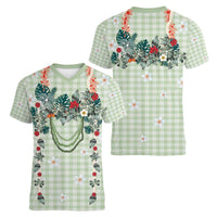 Sage Green Hawaiian Palaka Women V-Neck T-Shirt Kukui Nut Money Lei LT9 - Polynesian Pride