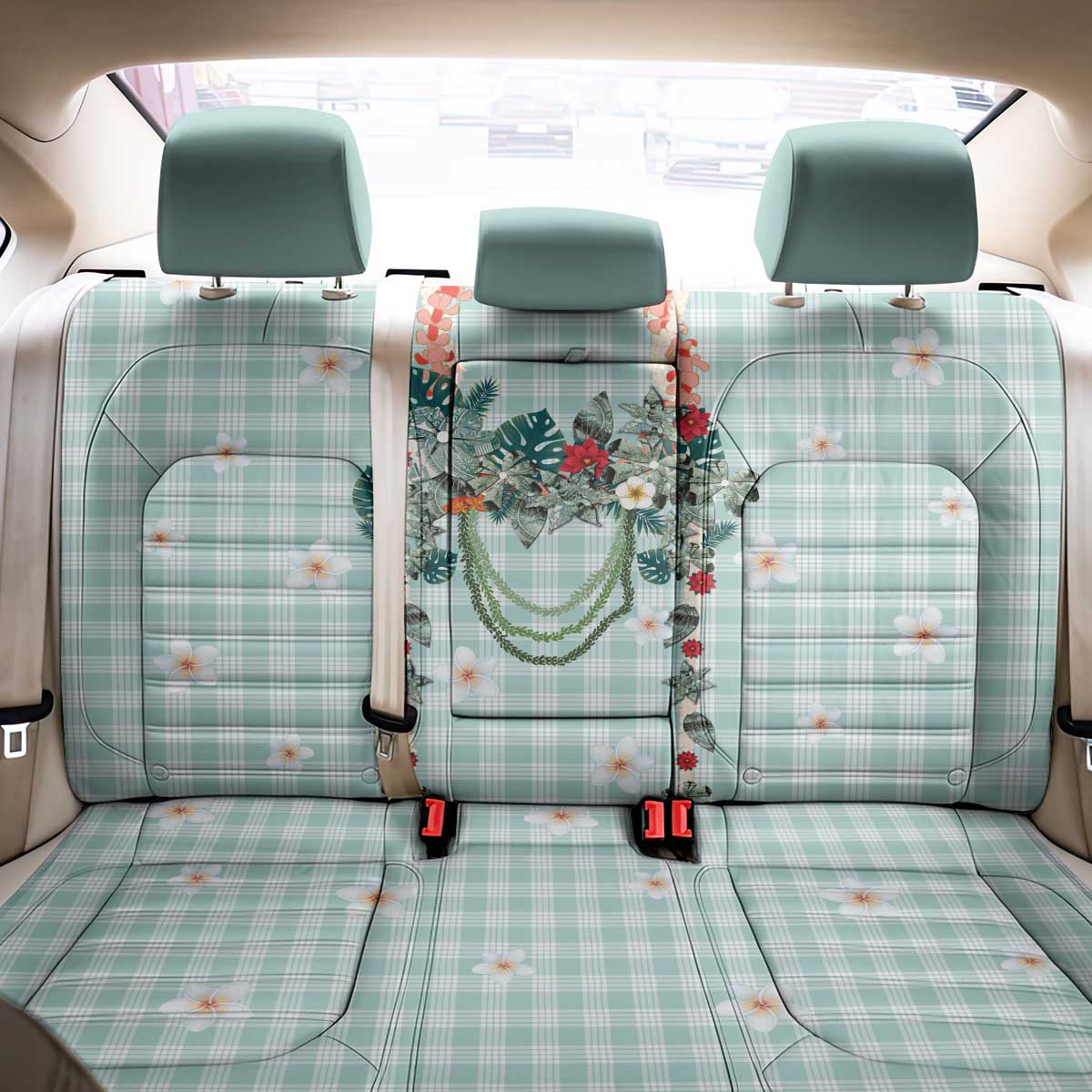 Turquoise Hawaiian Palaka Back Car Seat Cover Kukui Nut Money Lei - Polynesian Pride