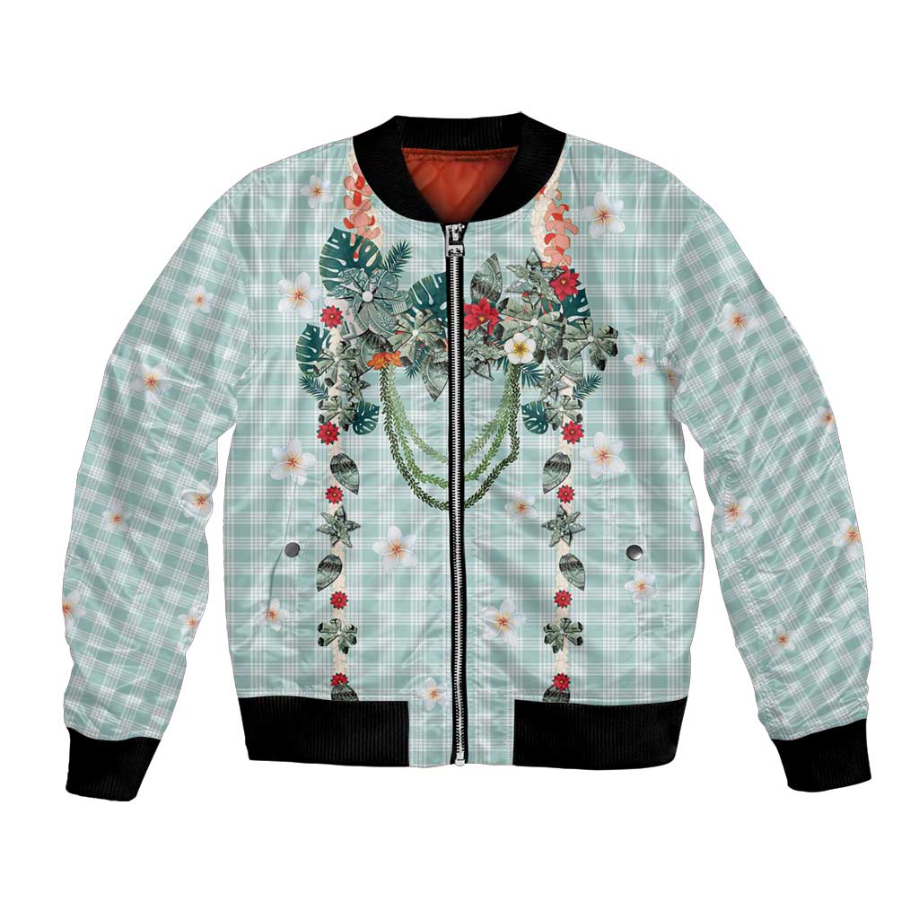 Turquoise Hawaiian Palaka Bomber Jacket Kukui Nut Money Lei - Polynesian Pride