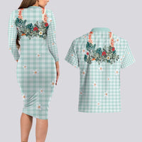 Turquoise Hawaiian Palaka Couples Matching Long Sleeve Bodycon Dress and Hawaiian Shirt Kukui Nut Money Lei LT9 - Polynesian Pride