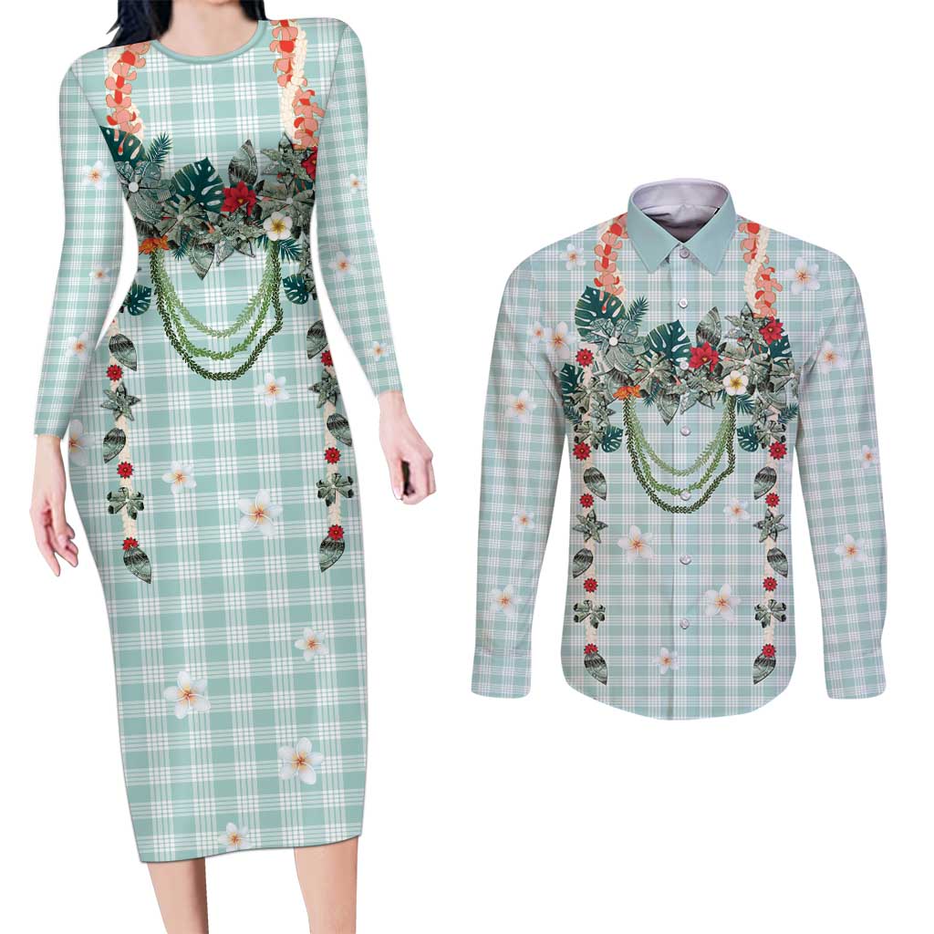 Turquoise Hawaiian Palaka Couples Matching Long Sleeve Bodycon Dress and Long Sleeve Button Shirt Kukui Nut Money Lei LT9 Turquoise - Polynesian Pride
