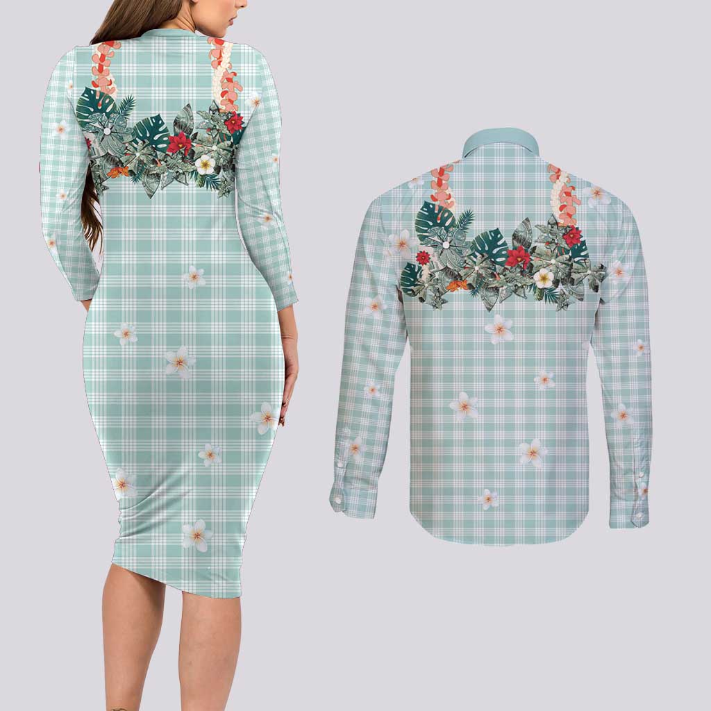 Turquoise Hawaiian Palaka Couples Matching Long Sleeve Bodycon Dress and Long Sleeve Button Shirt Kukui Nut Money Lei LT9 - Polynesian Pride