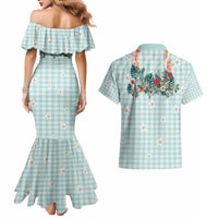 Turquoise Hawaiian Palaka Couples Matching Mermaid Dress and Hawaiian Shirt Kukui Nut Money Lei LT9 - Polynesian Pride