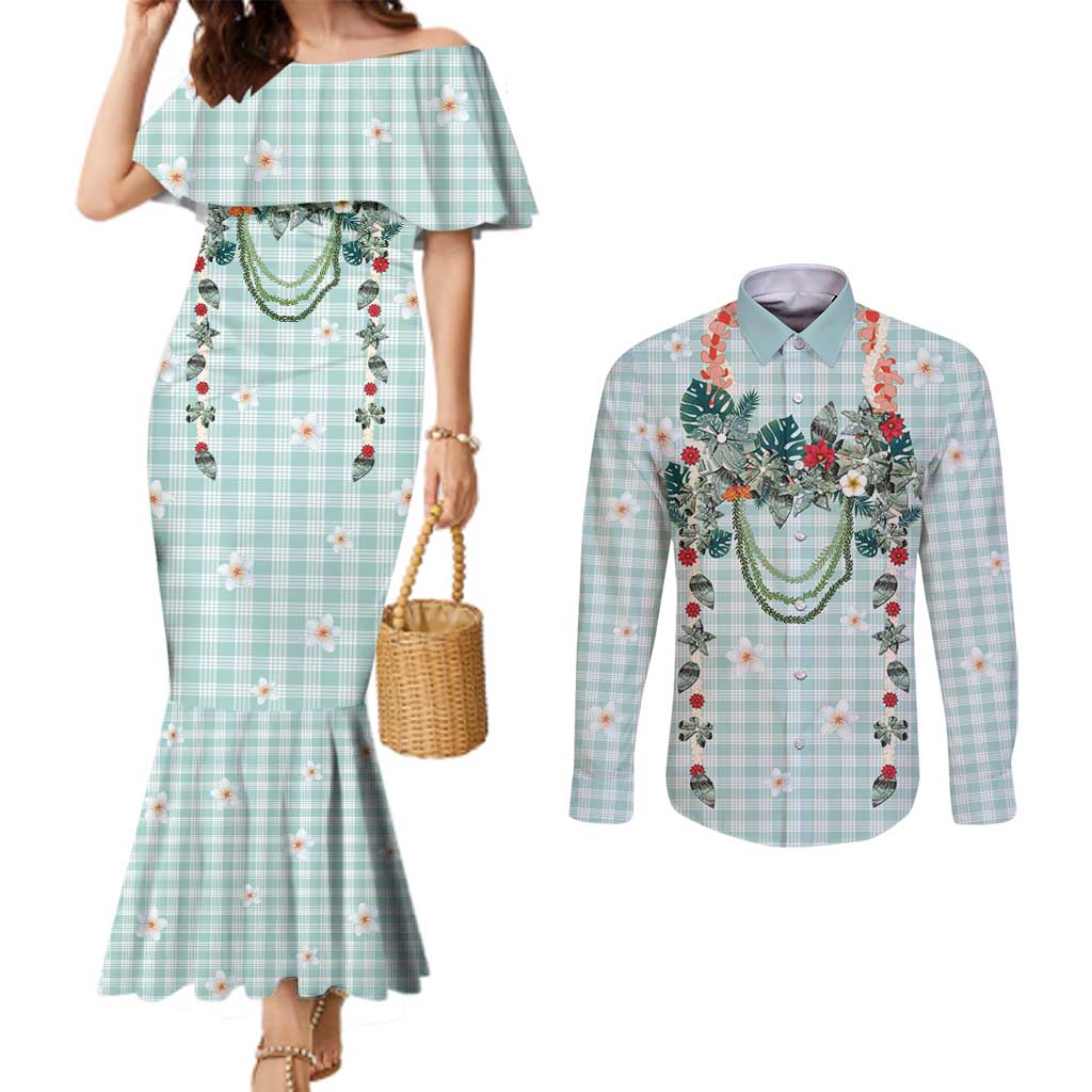 Turquoise Hawaiian Palaka Couples Matching Mermaid Dress and Long Sleeve Button Shirt Kukui Nut Money Lei LT9 Turquoise - Polynesian Pride