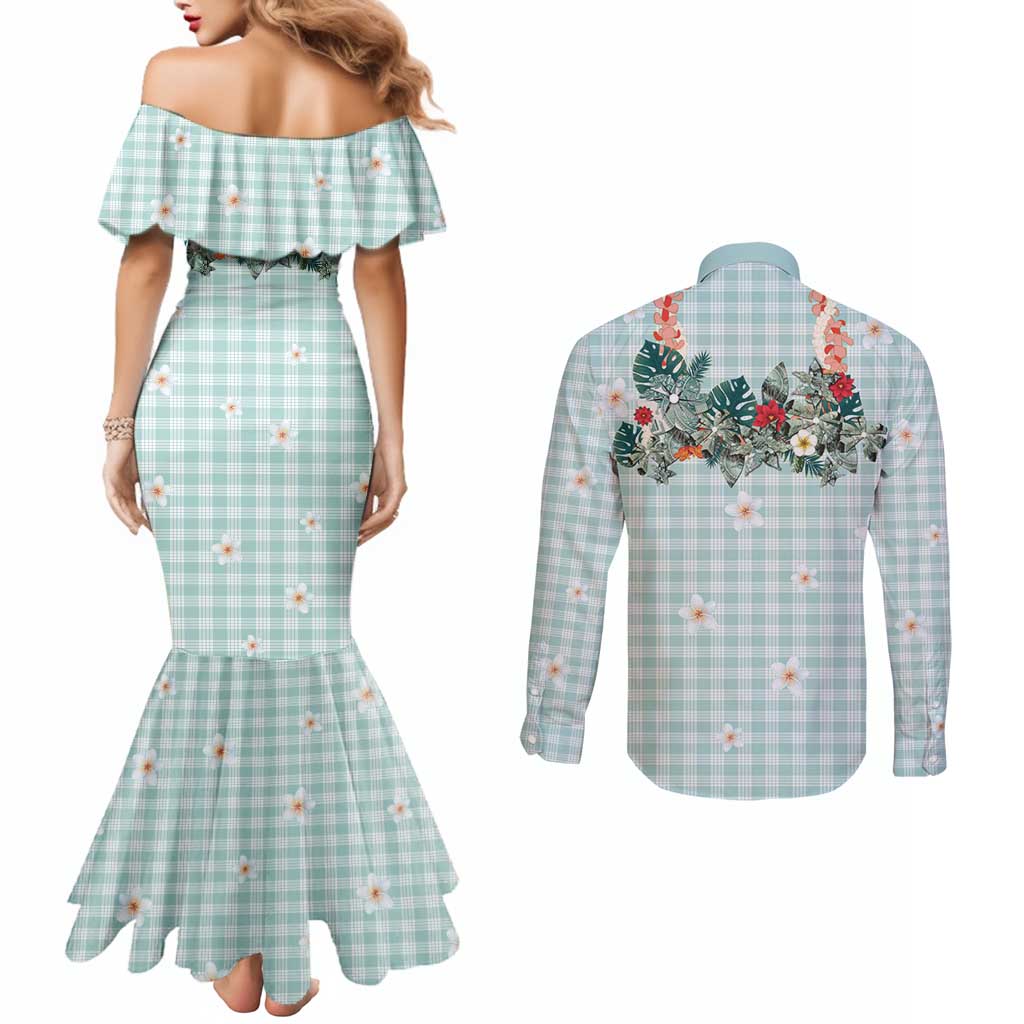 Turquoise Hawaiian Palaka Couples Matching Mermaid Dress and Long Sleeve Button Shirt Kukui Nut Money Lei LT9 - Polynesian Pride