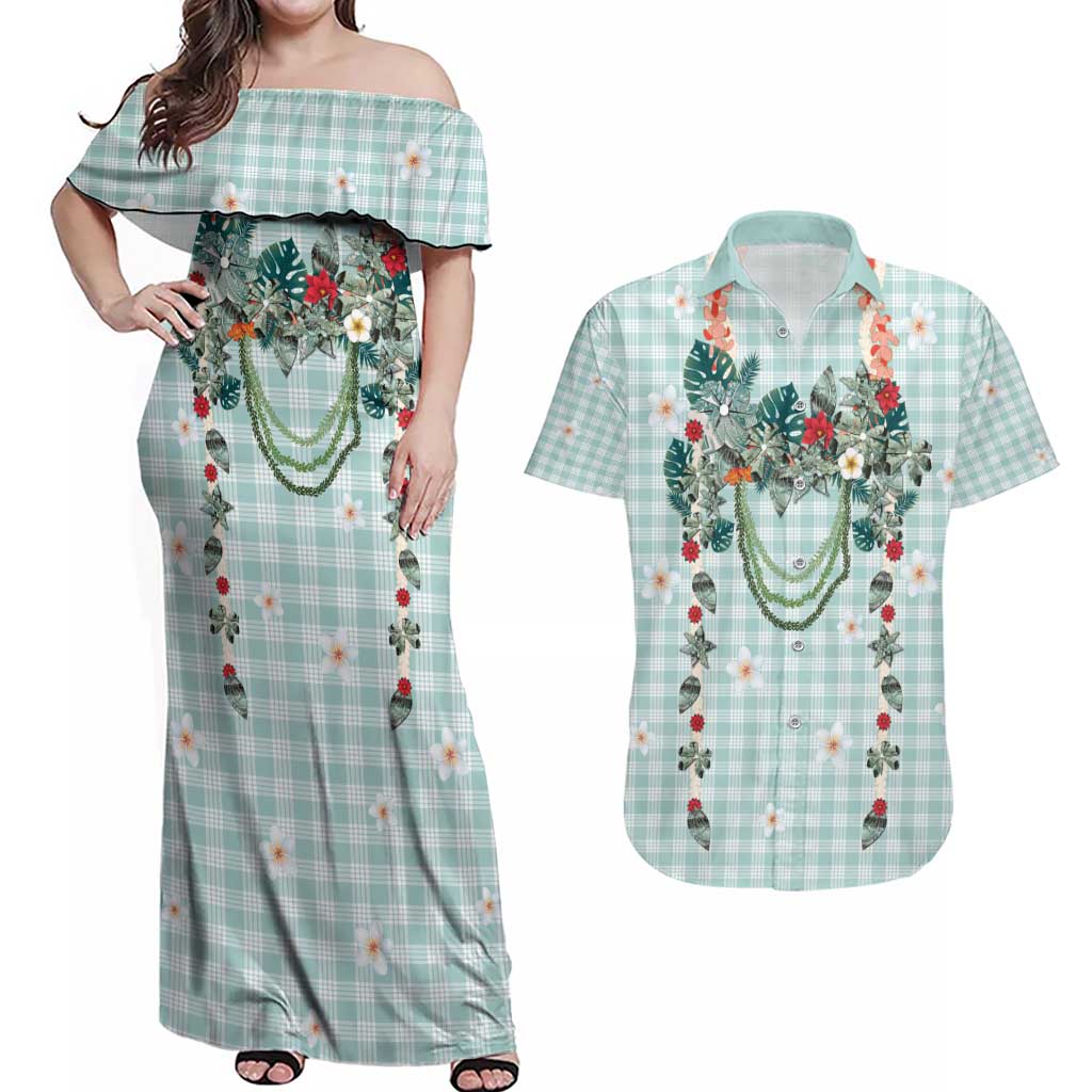 Turquoise Hawaiian Palaka Couples Matching Off Shoulder Maxi Dress and Hawaiian Shirt Kukui Nut Money Lei LT9 Turquoise - Polynesian Pride
