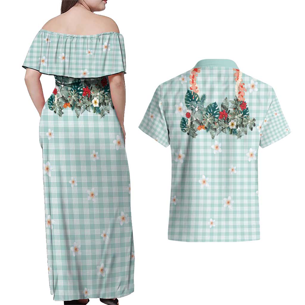 Turquoise Hawaiian Palaka Couples Matching Off Shoulder Maxi Dress and Hawaiian Shirt Kukui Nut Money Lei LT9 - Polynesian Pride