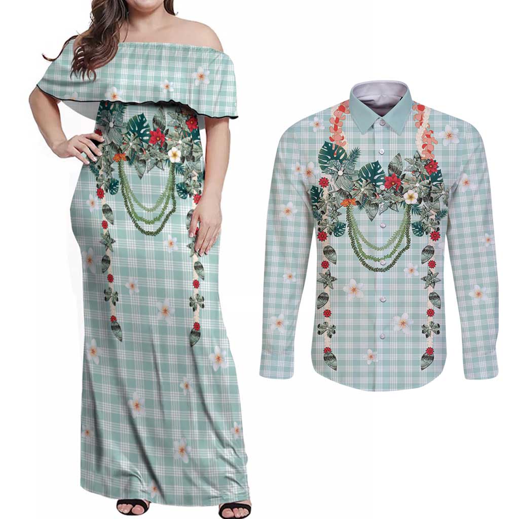 Turquoise Hawaiian Palaka Couples Matching Off Shoulder Maxi Dress and Long Sleeve Button Shirt Kukui Nut Money Lei LT9 Turquoise - Polynesian Pride