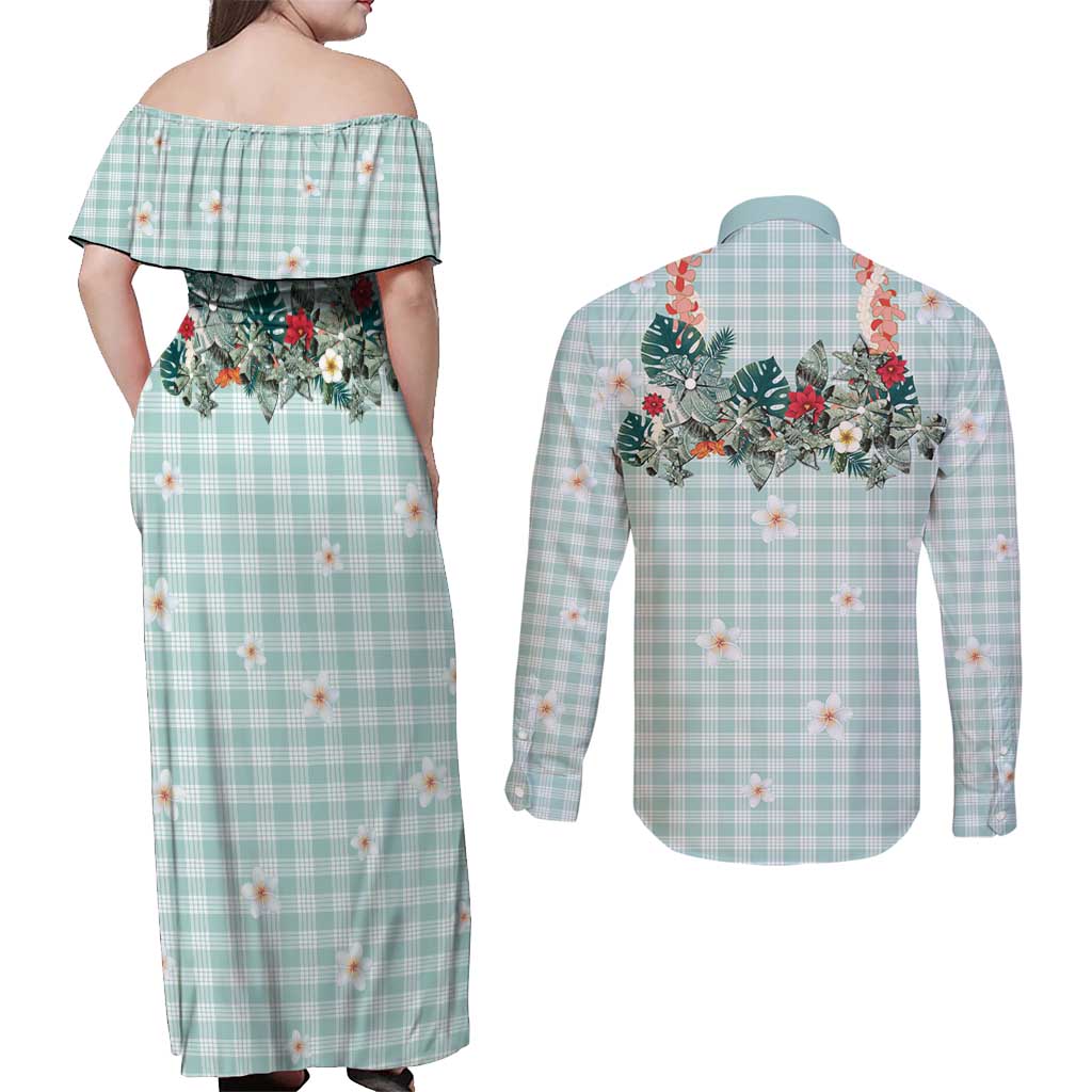 Turquoise Hawaiian Palaka Couples Matching Off Shoulder Maxi Dress and Long Sleeve Button Shirt Kukui Nut Money Lei LT9 - Polynesian Pride