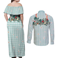 Turquoise Hawaiian Palaka Couples Matching Off Shoulder Maxi Dress and Long Sleeve Button Shirt Kukui Nut Money Lei LT9 - Polynesian Pride