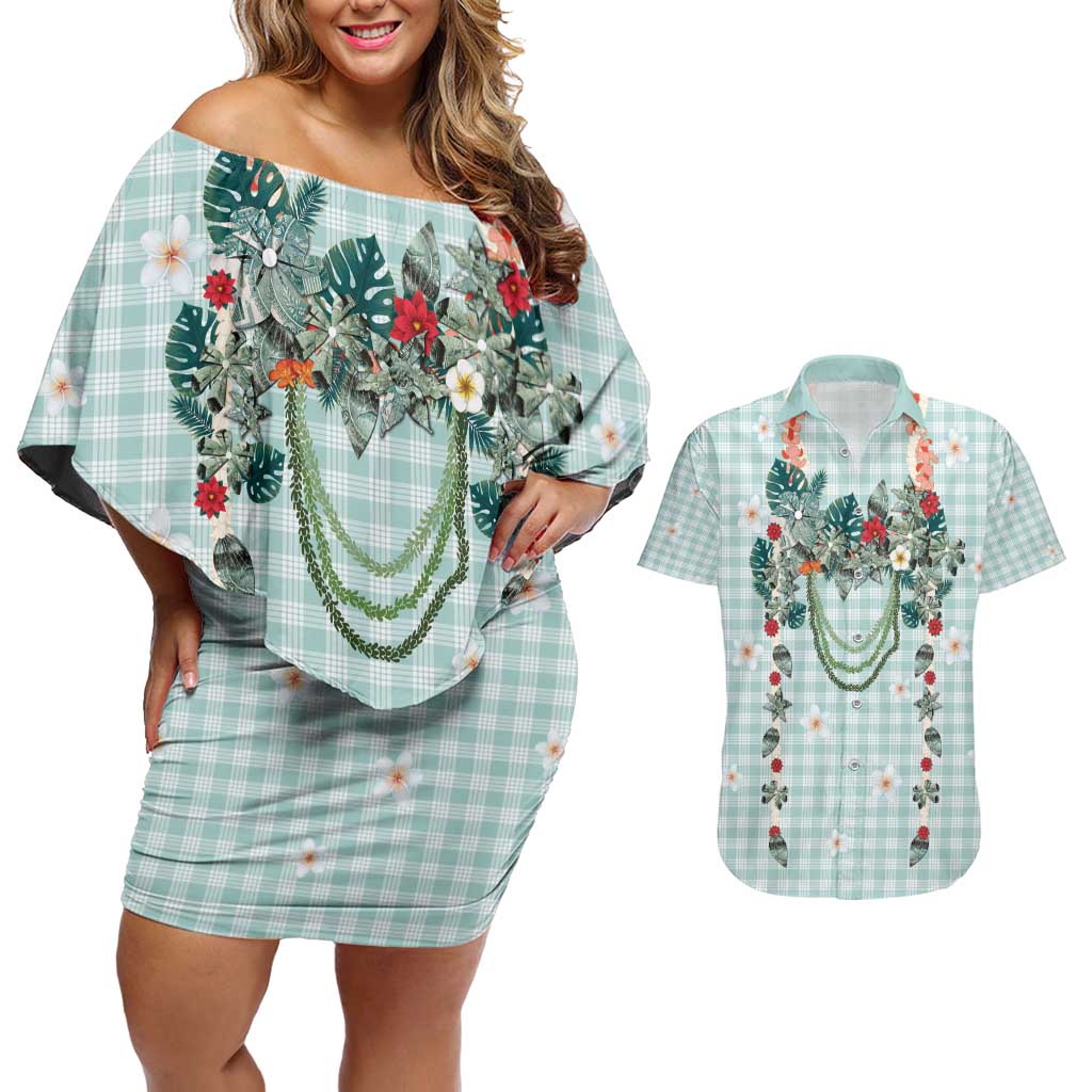 Turquoise Hawaiian Palaka Couples Matching Off Shoulder Short Dress and Hawaiian Shirt Kukui Nut Money Lei LT9 Turquoise - Polynesian Pride