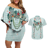 Turquoise Hawaiian Palaka Couples Matching Off Shoulder Short Dress and Hawaiian Shirt Kukui Nut Money Lei LT9 Turquoise - Polynesian Pride