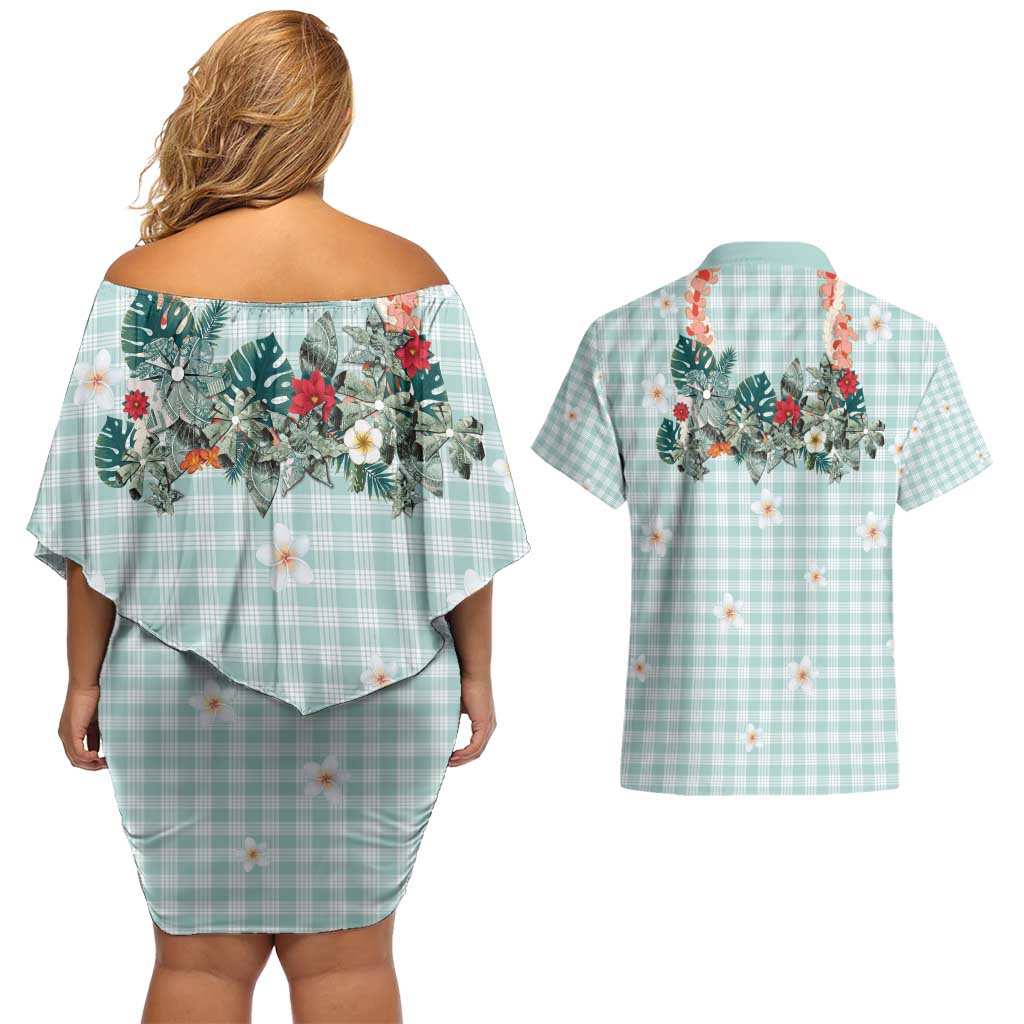 Turquoise Hawaiian Palaka Couples Matching Off Shoulder Short Dress and Hawaiian Shirt Kukui Nut Money Lei LT9 - Polynesian Pride