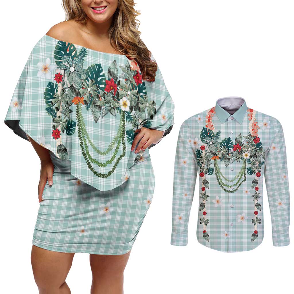 Turquoise Hawaiian Palaka Couples Matching Off Shoulder Short Dress and Long Sleeve Button Shirt Kukui Nut Money Lei LT9 Turquoise - Polynesian Pride