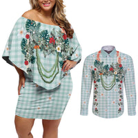 Turquoise Hawaiian Palaka Couples Matching Off Shoulder Short Dress and Long Sleeve Button Shirt Kukui Nut Money Lei LT9 Turquoise - Polynesian Pride