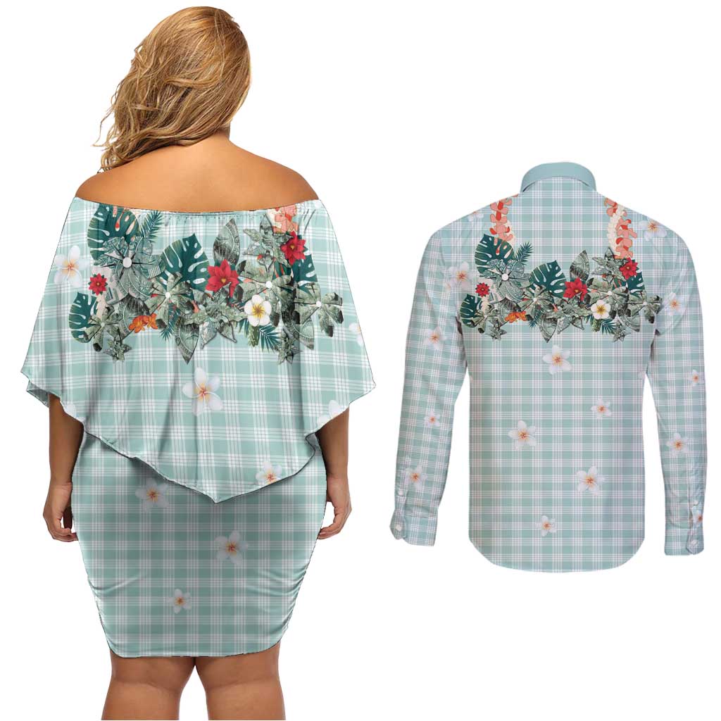 Turquoise Hawaiian Palaka Couples Matching Off Shoulder Short Dress and Long Sleeve Button Shirt Kukui Nut Money Lei LT9 - Polynesian Pride