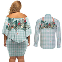 Turquoise Hawaiian Palaka Couples Matching Off Shoulder Short Dress and Long Sleeve Button Shirt Kukui Nut Money Lei LT9 - Polynesian Pride