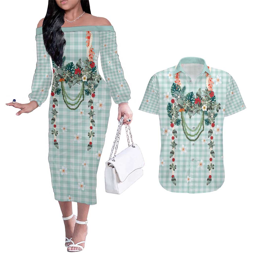 Turquoise Hawaiian Palaka Couples Matching Off The Shoulder Long Sleeve Dress and Hawaiian Shirt Kukui Nut Money Lei LT9 Turquoise - Polynesian Pride