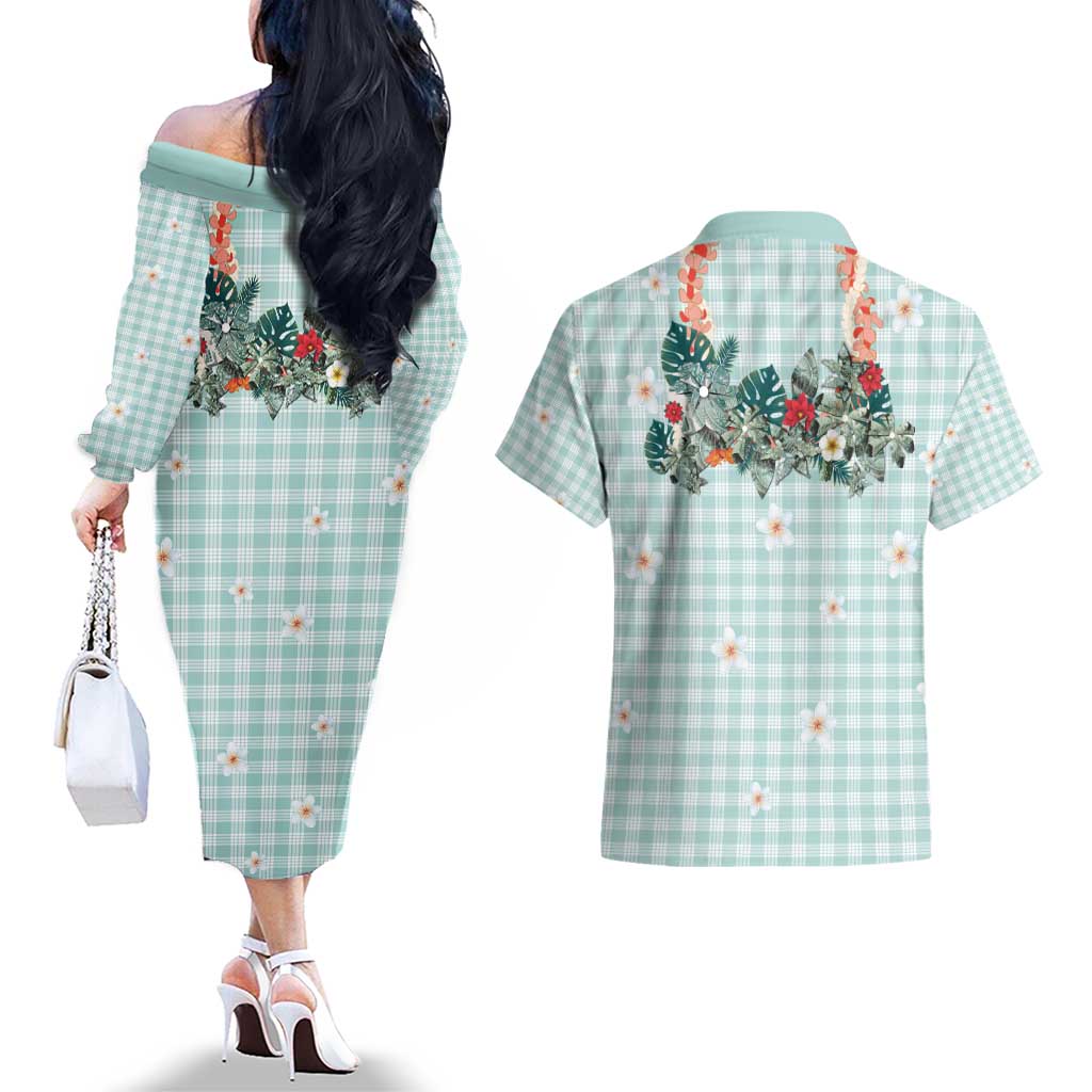Turquoise Hawaiian Palaka Couples Matching Off The Shoulder Long Sleeve Dress and Hawaiian Shirt Kukui Nut Money Lei LT9 - Polynesian Pride