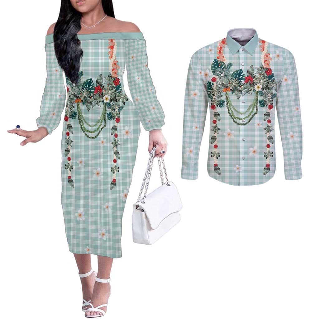 Turquoise Hawaiian Palaka Couples Matching Off The Shoulder Long Sleeve Dress and Long Sleeve Button Shirt Kukui Nut Money Lei LT9 Turquoise - Polynesian Pride