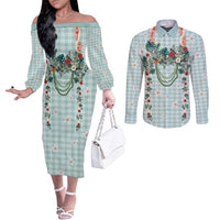 Turquoise Hawaiian Palaka Couples Matching Off The Shoulder Long Sleeve Dress and Long Sleeve Button Shirt Kukui Nut Money Lei LT9 Turquoise - Polynesian Pride
