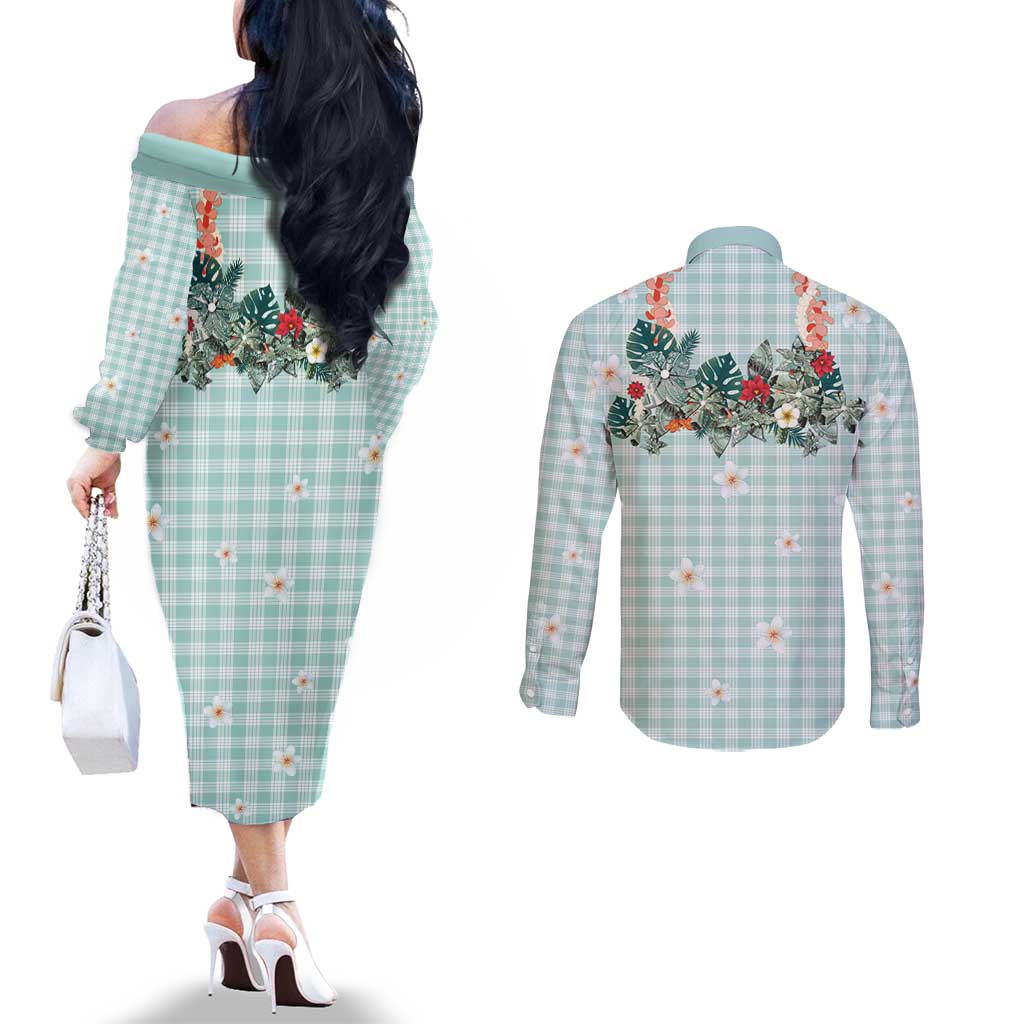 Turquoise Hawaiian Palaka Couples Matching Off The Shoulder Long Sleeve Dress and Long Sleeve Button Shirt Kukui Nut Money Lei LT9 - Polynesian Pride