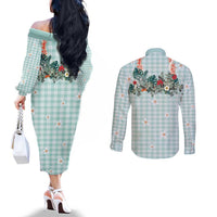Turquoise Hawaiian Palaka Couples Matching Off The Shoulder Long Sleeve Dress and Long Sleeve Button Shirt Kukui Nut Money Lei LT9 - Polynesian Pride
