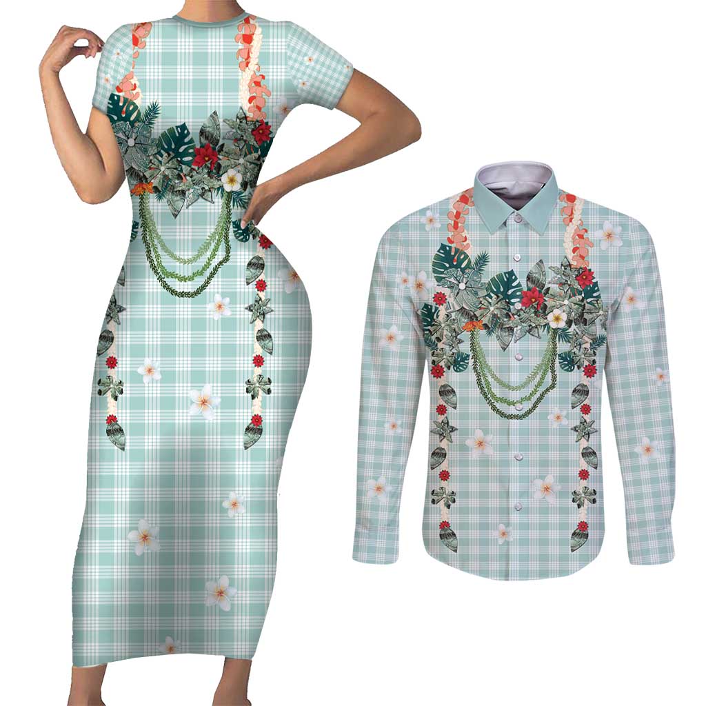 Turquoise Hawaiian Palaka Couples Matching Short Sleeve Bodycon Dress and Long Sleeve Button Shirt Kukui Nut Money Lei LT9 Turquoise - Polynesian Pride
