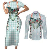 Turquoise Hawaiian Palaka Couples Matching Short Sleeve Bodycon Dress and Long Sleeve Button Shirt Kukui Nut Money Lei LT9 Turquoise - Polynesian Pride