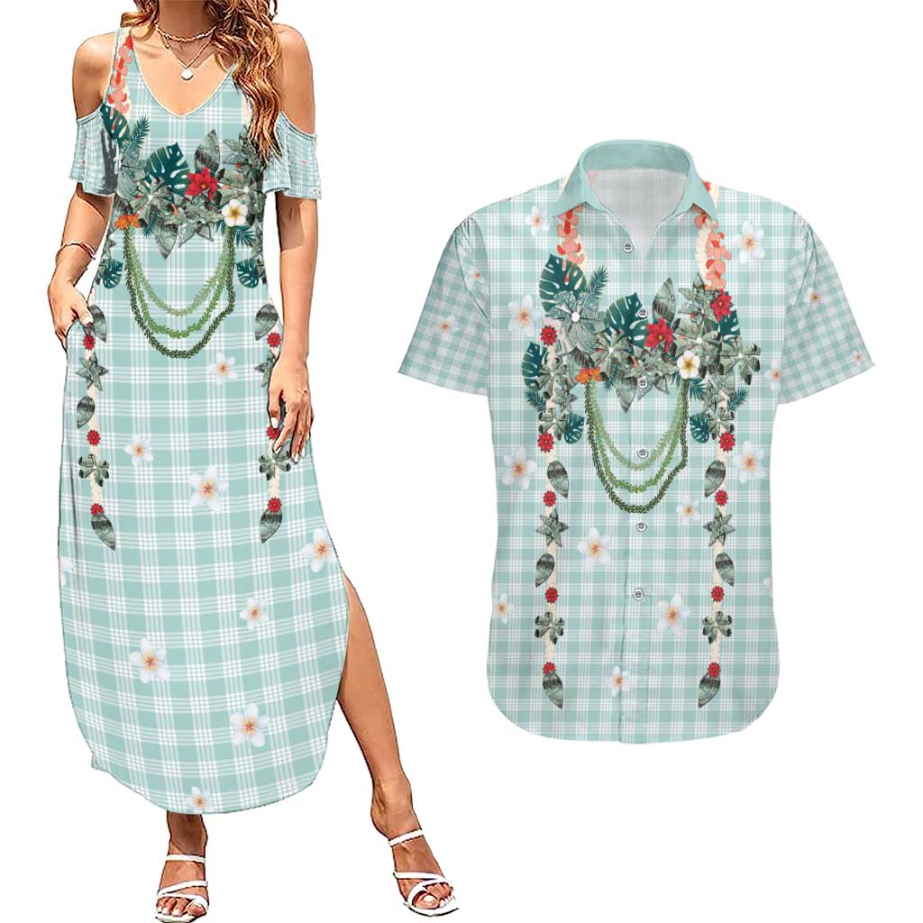 Turquoise Hawaiian Palaka Couples Matching Summer Maxi Dress and Hawaiian Shirt Kukui Nut Money Lei LT9 Turquoise - Polynesian Pride