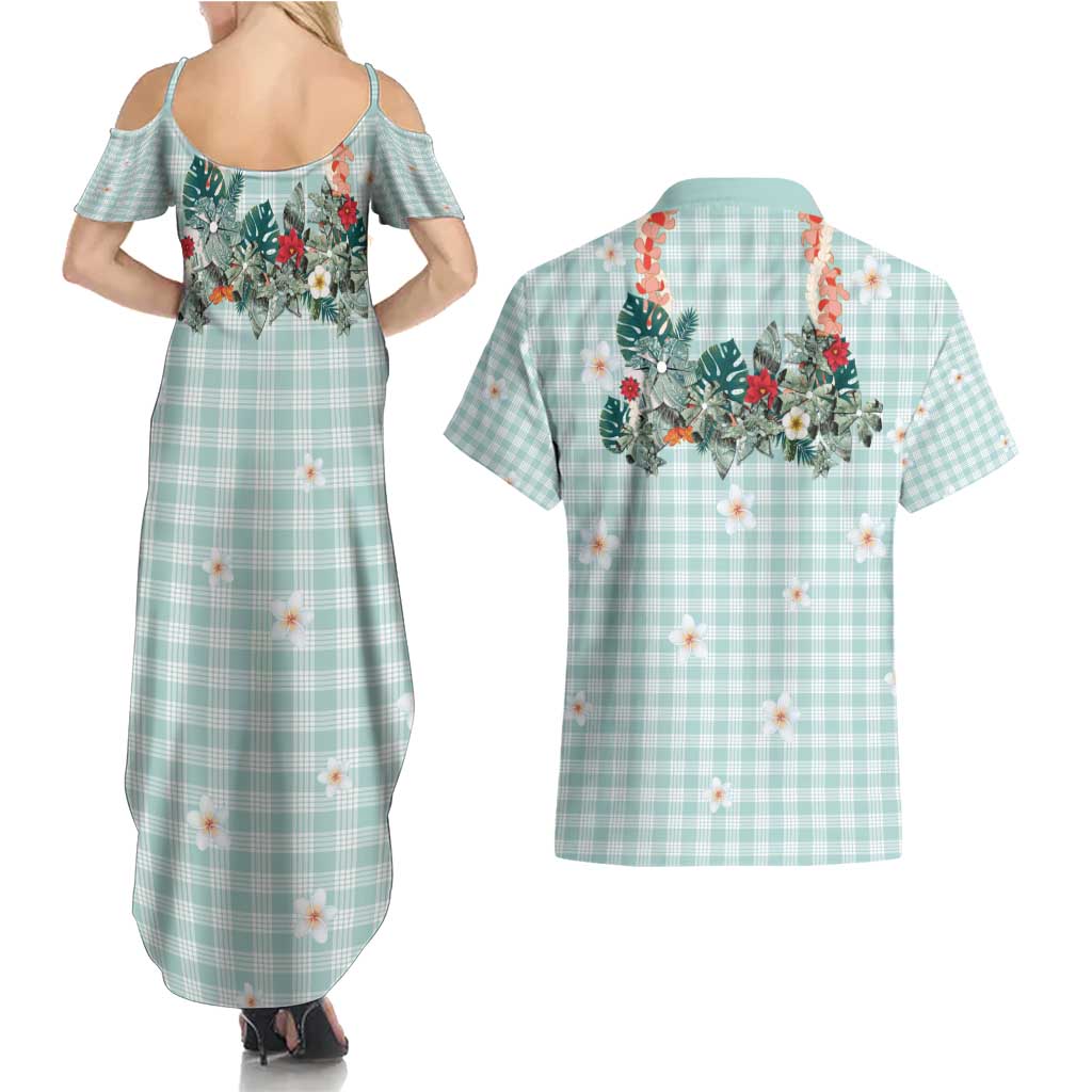 Turquoise Hawaiian Palaka Couples Matching Summer Maxi Dress and Hawaiian Shirt Kukui Nut Money Lei LT9 - Polynesian Pride