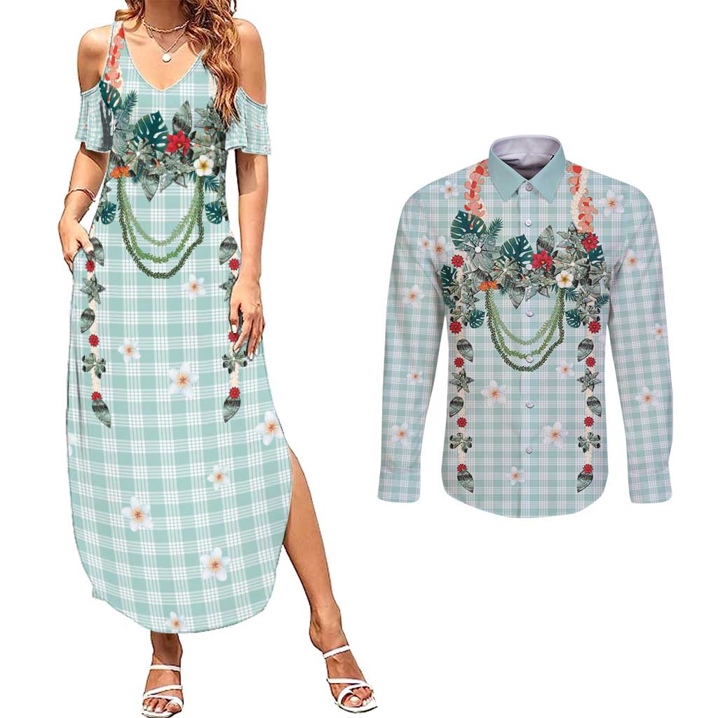 Turquoise Hawaiian Palaka Couples Matching Summer Maxi Dress and Long Sleeve Button Shirt Kukui Nut Money Lei LT9 Turquoise - Polynesian Pride