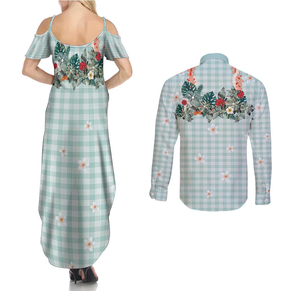 Turquoise Hawaiian Palaka Couples Matching Summer Maxi Dress and Long Sleeve Button Shirt Kukui Nut Money Lei LT9 - Polynesian Pride