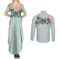Turquoise Hawaiian Palaka Couples Matching Summer Maxi Dress and Long Sleeve Button Shirt Kukui Nut Money Lei LT9 - Polynesian Pride