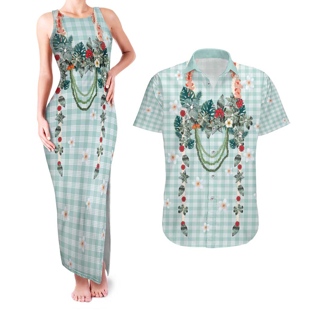 Turquoise Hawaiian Palaka Couples Matching Tank Maxi Dress and Hawaiian Shirt Kukui Nut Money Lei LT9 Turquoise - Polynesian Pride