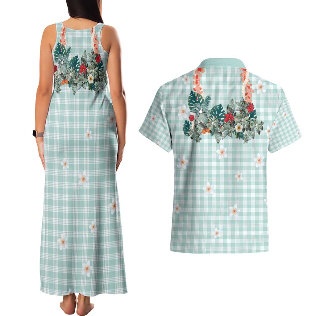 Turquoise Hawaiian Palaka Couples Matching Tank Maxi Dress and Hawaiian Shirt Kukui Nut Money Lei LT9 - Polynesian Pride