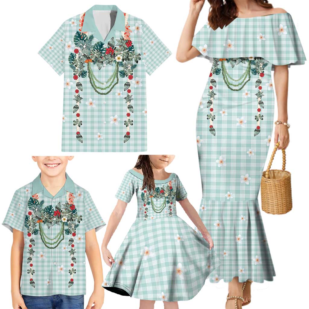Turquoise Hawaiian Palaka Family Matching Mermaid Dress and Hawaiian Shirt Kukui Nut Money Lei LT9 - Polynesian Pride