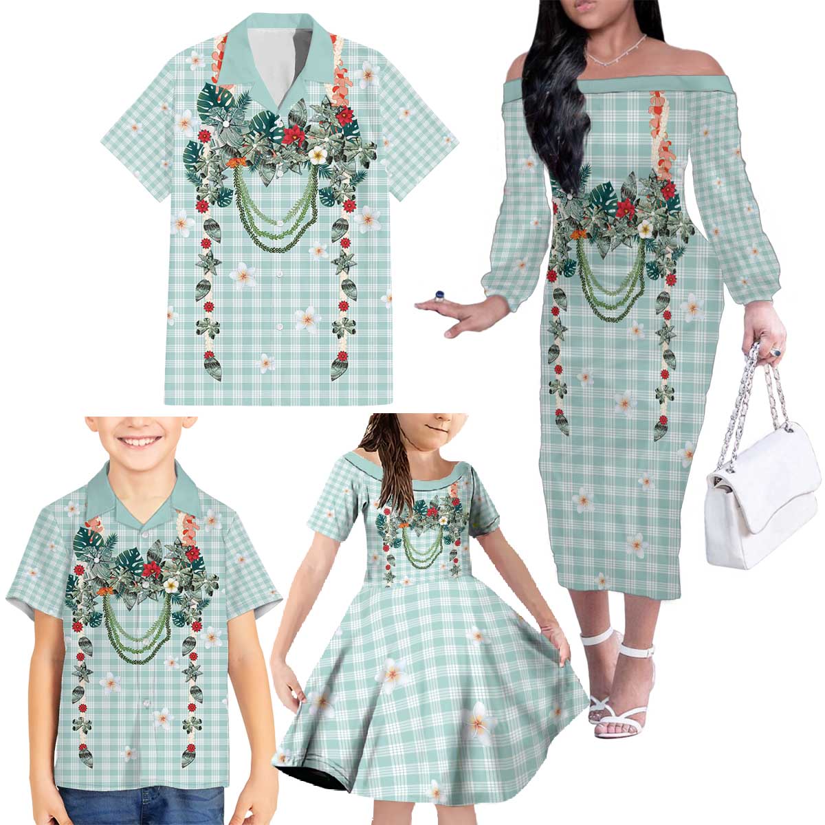 Turquoise Hawaiian Palaka Family Matching Off The Shoulder Long Sleeve Dress and Hawaiian Shirt Kukui Nut Money Lei LT9 - Polynesian Pride