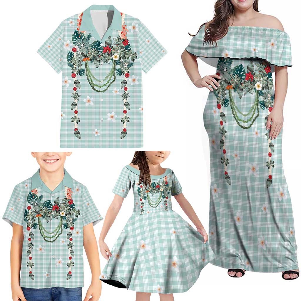 Turquoise Hawaiian Palaka Family Matching Off Shoulder Maxi Dress and Hawaiian Shirt Kukui Nut Money Lei LT9 - Polynesian Pride