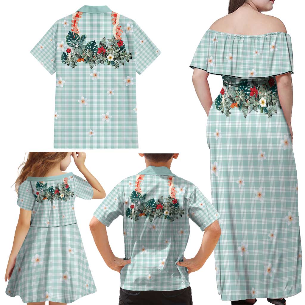 Turquoise Hawaiian Palaka Family Matching Off Shoulder Maxi Dress and Hawaiian Shirt Kukui Nut Money Lei LT9 - Polynesian Pride