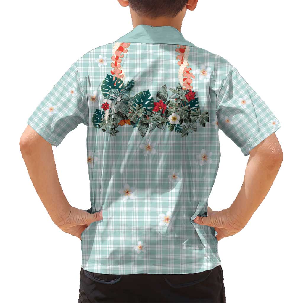 Turquoise Hawaiian Palaka Family Matching Off Shoulder Short Dress and Hawaiian Shirt Kukui Nut Money Lei LT9 - Polynesian Pride