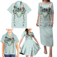 Turquoise Hawaiian Palaka Family Matching Puletasi and Hawaiian Shirt Kukui Nut Money Lei LT9 - Polynesian Pride