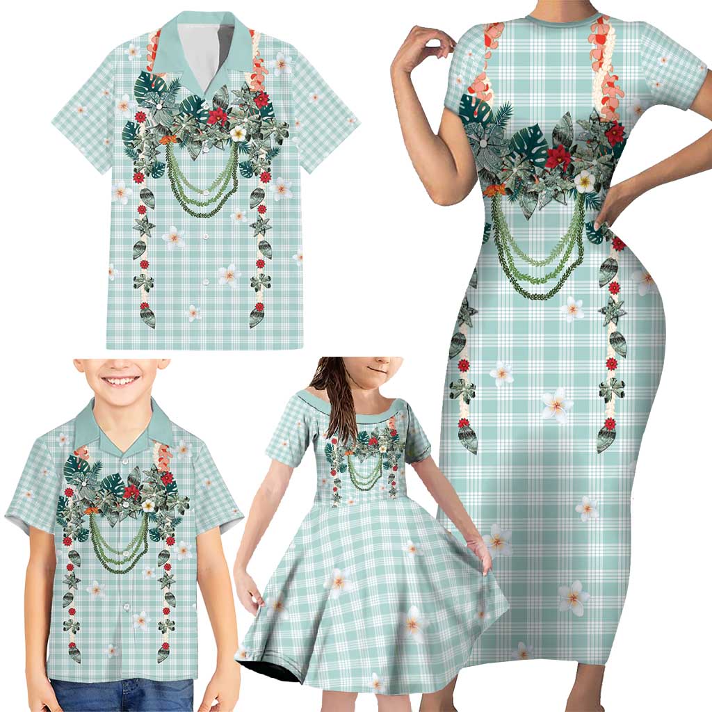 Turquoise Hawaiian Palaka Family Matching Short Sleeve Bodycon Dress and Hawaiian Shirt Kukui Nut Money Lei LT9 - Polynesian Pride