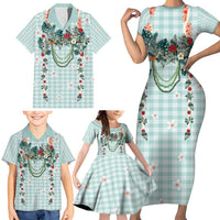Turquoise Hawaiian Palaka Family Matching Short Sleeve Bodycon Dress and Hawaiian Shirt Kukui Nut Money Lei LT9 - Polynesian Pride