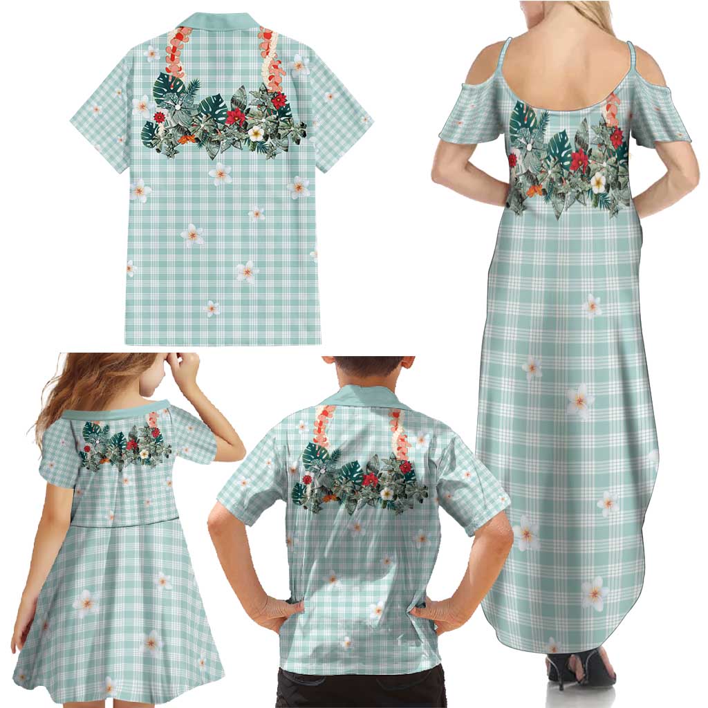 Turquoise Hawaiian Palaka Family Matching Summer Maxi Dress and Hawaiian Shirt Kukui Nut Money Lei LT9 - Polynesian Pride