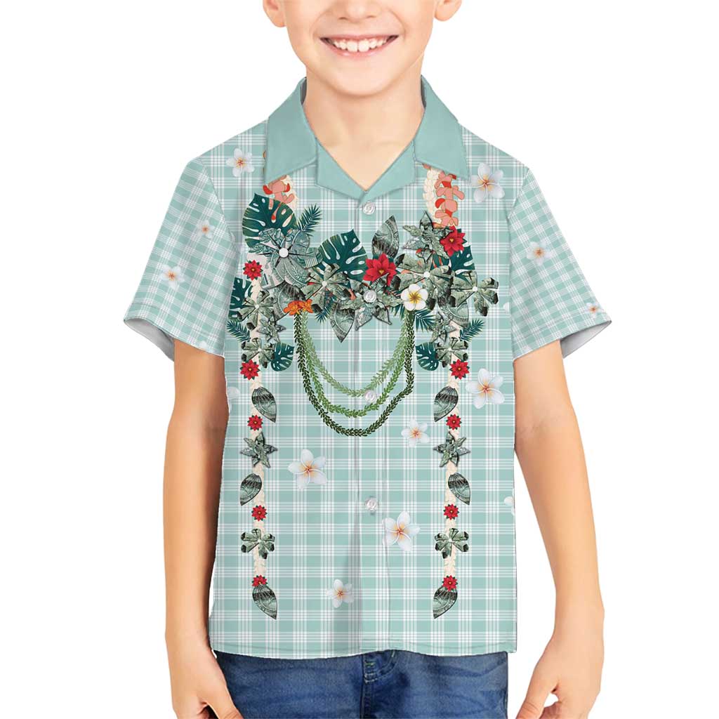 Turquoise Hawaiian Palaka Family Matching Summer Maxi Dress and Hawaiian Shirt Kukui Nut Money Lei LT9 Son's Shirt Turquoise - Polynesian Pride