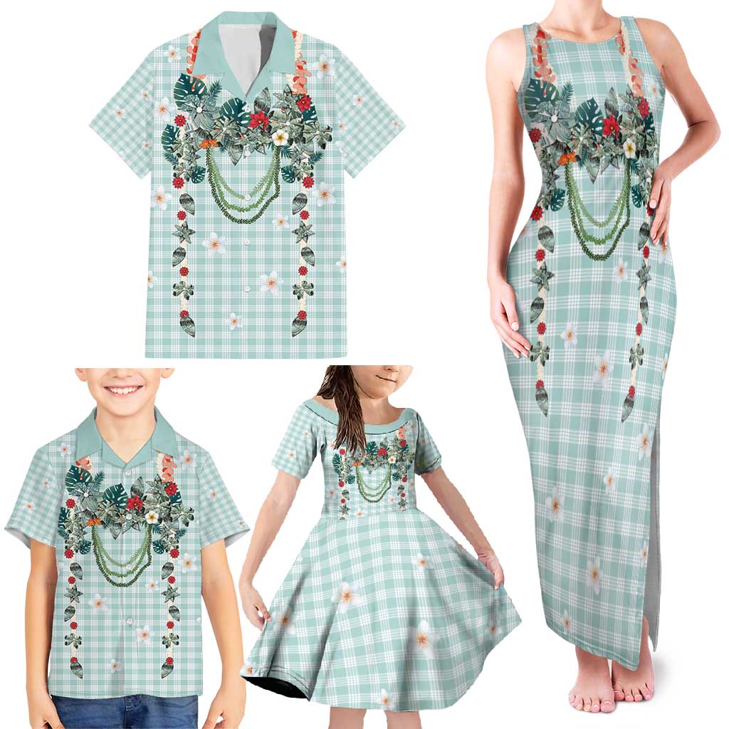 Turquoise Hawaiian Palaka Family Matching Tank Maxi Dress and Hawaiian Shirt Kukui Nut Money Lei LT9 - Polynesian Pride